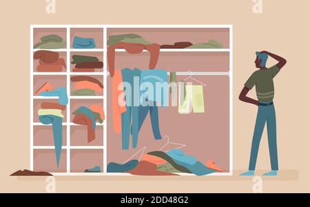 Black african american man choosing clothes in clothing home wardrobe room vector illustration. Male character trying to choose what to wear, standing near closet dresser full of clothes, shoes Stock Vector