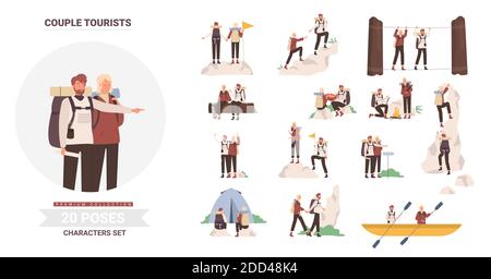 People tourists poses vector illustration set. Cartoon man woman couple travelers hiking, camping, kayaking and climbing, young camper characters enjoy tourism adventures together isolated on white Stock Vector