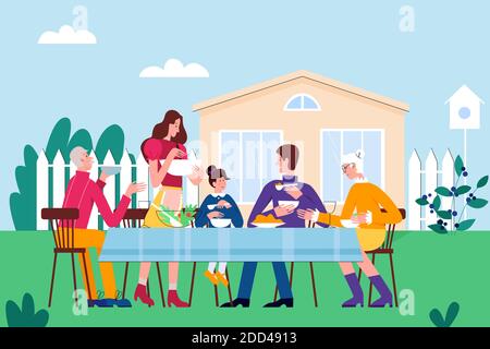 Family people eat on picnic party in backyard vector illustration. Cartoon family characters sitting at garden table together, eating picnic food. Summer nature outdoor leisure activity background Stock Vector