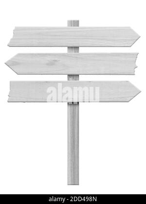 White wood arrow signpost isolated on white background. Object with clipping path. Stock Photo