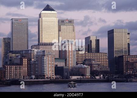 Panoramic view of Canary Wharf, financial hub in London at sunset