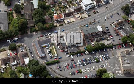 aerial image of Kidlington village centre with the library and parade of small shops on Oxford Road. Oxfordshire Stock Photo