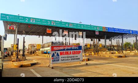 November 2020- Mahroli, Jaipur, India / Vehicles passing through toll plaza. Checkout point on the National highway. Stock Photo