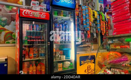 November 2020- Mahroli, Jaipur, India / Soda soft drinks in refrigerator to drink in summer. Many branded soft drinks in a hotel. Stock Photo