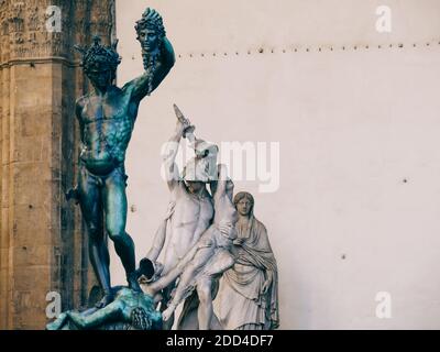 Perseus and the Medusa and other statues in the Loggia dei Lanzi, Piazza della Signoria in Florence. Stock Photo