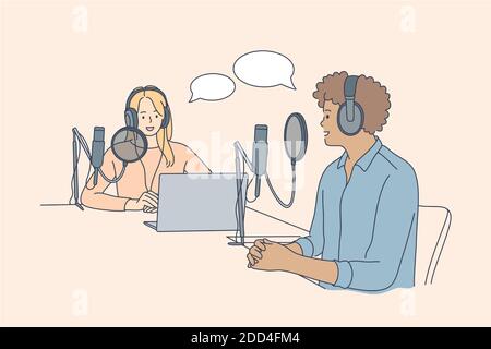 Communication, interview, conversation, podcast concept. Young happy man and woman radio hosts characters podcasters talking communicating in studio. Stock Vector