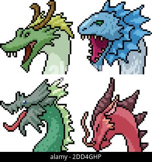 pixel art set isolated dragon portrait Stock Vector