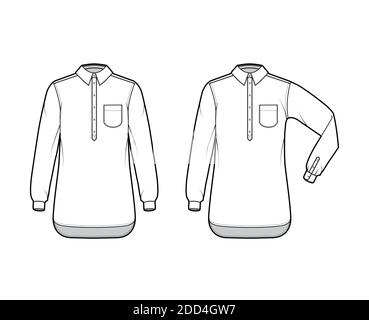 Set of Shirt pullover technical fashion illustration with rounded pocket, elbow fold long sleeve, oversized, half placket button down. Flat template front, white color. Women men unisex top CAD mockup Stock Vector