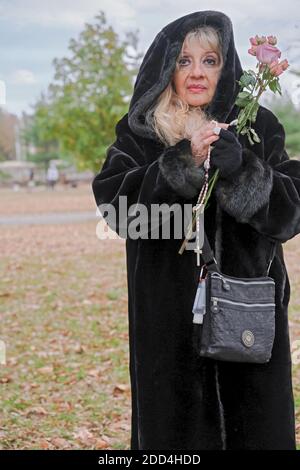 Devout Roman Catholic woman at a service  the Vatican Pavilion site in Flushing Meadows Corona park where Mary & Jesus appeared to Veronica Lueken. NY Stock Photo