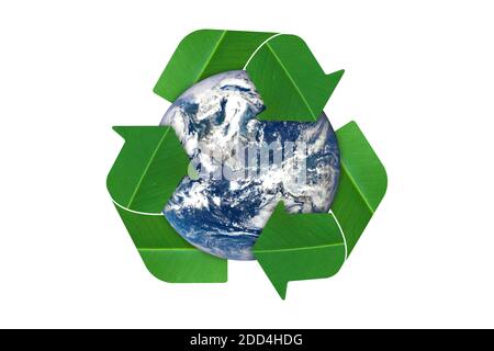 Environment concept. globes and recycle icon isolated on white background. Elements of this image furnished by NASA Stock Photo