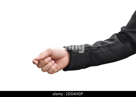 Man hand in black suit holding some like virtual card, Isolated on a white background with clipping path. Stock Photo
