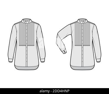 Set of Shirt tuxedo dress technical fashion illustration with pleated pintucked bib, elbow fold long sleeves with french cuff, wing collar. Flat template front back grey color. Women men unisex top Stock Vector