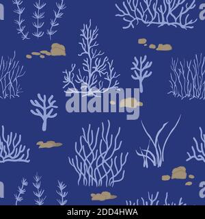 blue, pink corals on a blue background. Vector seamless pattern with tropical reef. Stock Vector