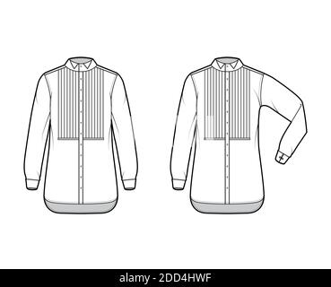 Set of Shirt tuxedo dress technical fashion illustration with pleated pintucked bib, elbow fold long sleeves with french cuff, wing collar. Flat template front back white color. Women men unisex top Stock Vector