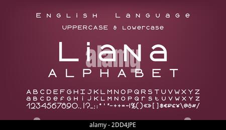 Elegant white alphabet, bold geometric font. Uppercase and lowercase letters, numbers, symbols and marks. Vector illustration. Stock Vector