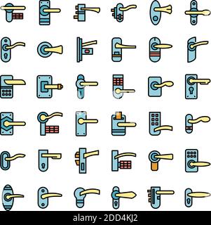 Door handles icons set. Outline set of door handles vector icons thin line color flat on white Stock Vector