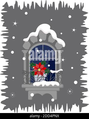 Christmas greeting card with bright poinsettia on snow covered window Stock Vector