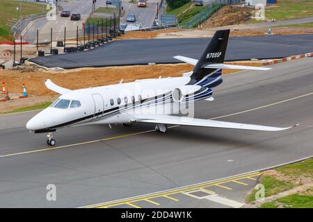 Luton, United Kingdom - July 9, 2019: Cessna 680A Citation Latitude airplane at London Luton Airport in the United Kingdom. Stock Photo