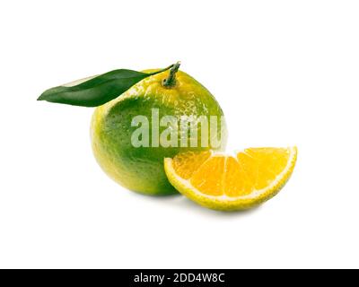 Green mandarines isolated on white background. Perfect fresh ripe green tangerine with leaf and slice green tangerine isolated on white with clipping path. Stock Photo