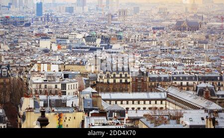 Aerial panoramic view from Montmartre over Paris roofs at nice sunrise, Paris, France Stock Photo
