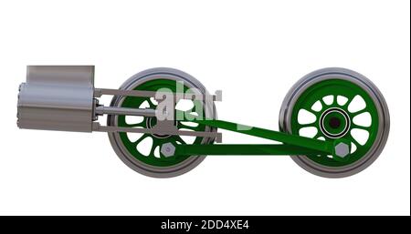 The wheels of the locomotive with the rods and the steam cylinder on white. 3D render Stock Photo