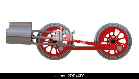 The wheels of the locomotive with the rods and the steam cylinder on white. 3D render Stock Photo