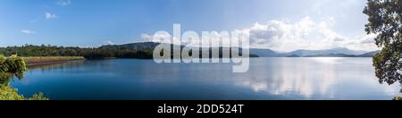 A panoramic shot of the Umiam lake, also known as Barapani lake, on the outskirts of Shillong, Meghalaya, India. Stock Photo