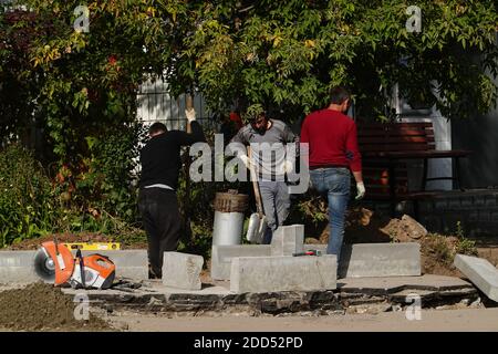 Road cerb (curbstone) replace in Moscow Russia Stock Photo