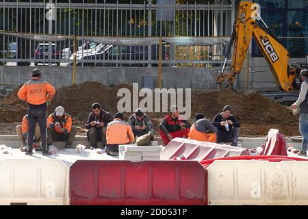 Road cerb (curbstone) replace in Moscow Russia Stock Photo