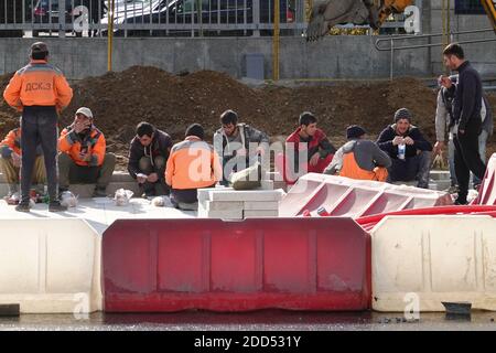 Road cerb (curbstone) replace in Moscow Russia Stock Photo