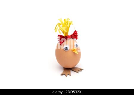 chicken toy craft made of eggshells and colored paper, simple activity for kids Stock Photo