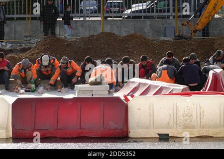 Road cerb (curbstone) replace in Moscow Russia Stock Photo