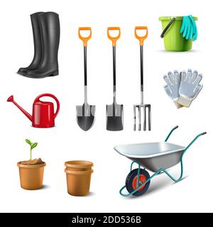 3d realistic vector collection of icon illustrations of garden utensils, wheelbarrow, rubber boots, pot, worker gloves, pots. Stock Vector
