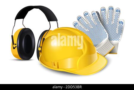 3d realistic vector icon illustration of worker safety equipment, hard helmet, headphones and gloves. Isolated on white background. Stock Vector