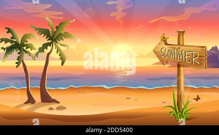 vector illustration of summer destination background, tropical beach with palms and wooden sign. Stock Vector