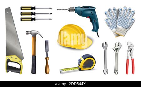 3d realistic vector icon illustration of worker utensils. Isolated on white background. Instruments, meter, screwier, drill, Stock Vector