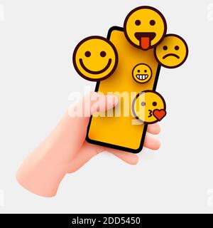 Hand holding phone emoticons. Chatting with friends and sending new messages. Colorful smartphone screen design. Vector illustration Stock Vector