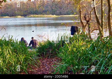 man and women escaped to countryside having picnic by lake side while autumnal sunray reflected on water, Kent, England, UK Stock Photo