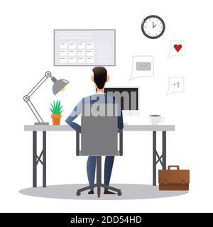 Vector cartoon style drawn illustration of man at the desk working in the office. Stock Vector