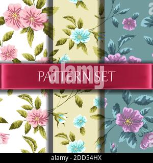 Vector collection of seamless floral flower pattern. Spring summer roses in pastel colors. Stock Vector