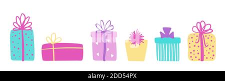 Set of colorful hand drawn gift boxes. Vector long banner with presents for Christmas or birthday greetings Stock Vector