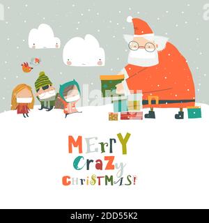 Santa claus wearing a protective mask giving gifts to happy kids Stock Vector