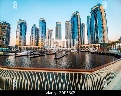 Dubai, United Arab Emirates - March 7, 2020: Dubai creek harbour new built residential area with modern buildings and calm water in Dubai, United Arab Stock Photo