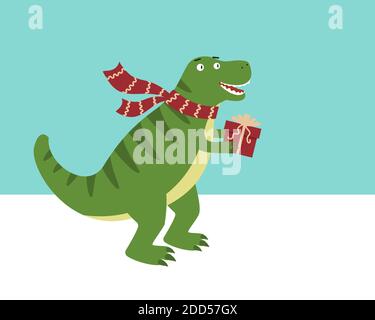 dinosaur in scarf with christmas gift. vector Stock Vector