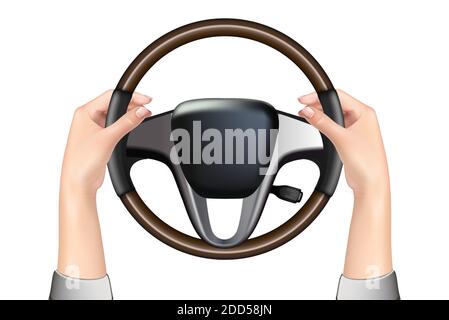 3d realistic car steering wheel and hands holding it, isolated on white background. Car driving. Stock Vector
