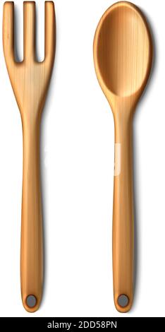 3d realistic vector wooden cutlery, isolated on white background. Stock Vector