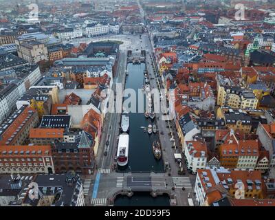 Aerial Drone View of Nyhavn in Copenhagen, Denmark Stock Photo
