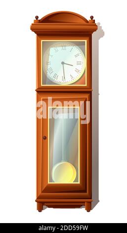 3d realistic vector icon illustration of floor vintage clock in wood with glass, old fashioned. Isolated on white background. Stock Vector