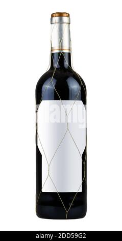 Bottle of Spanish red wine isolated on White with cliiping path. There is a path for the label Stock Photo