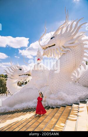 Wat Huay Pla Kang, white big buddha and dragons in Chiang Rai, Chiang Mai province, Thailand Stock Photo
